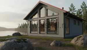 Одноэтажный каркасный дом 6х8 с панорамными окнами и террасой проект под ключ