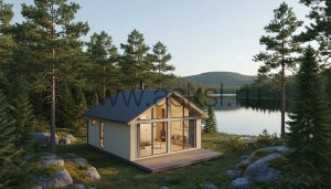 Проект одноэтажного каркасного дома 6х8 с крыльцом и металлочерепицей.