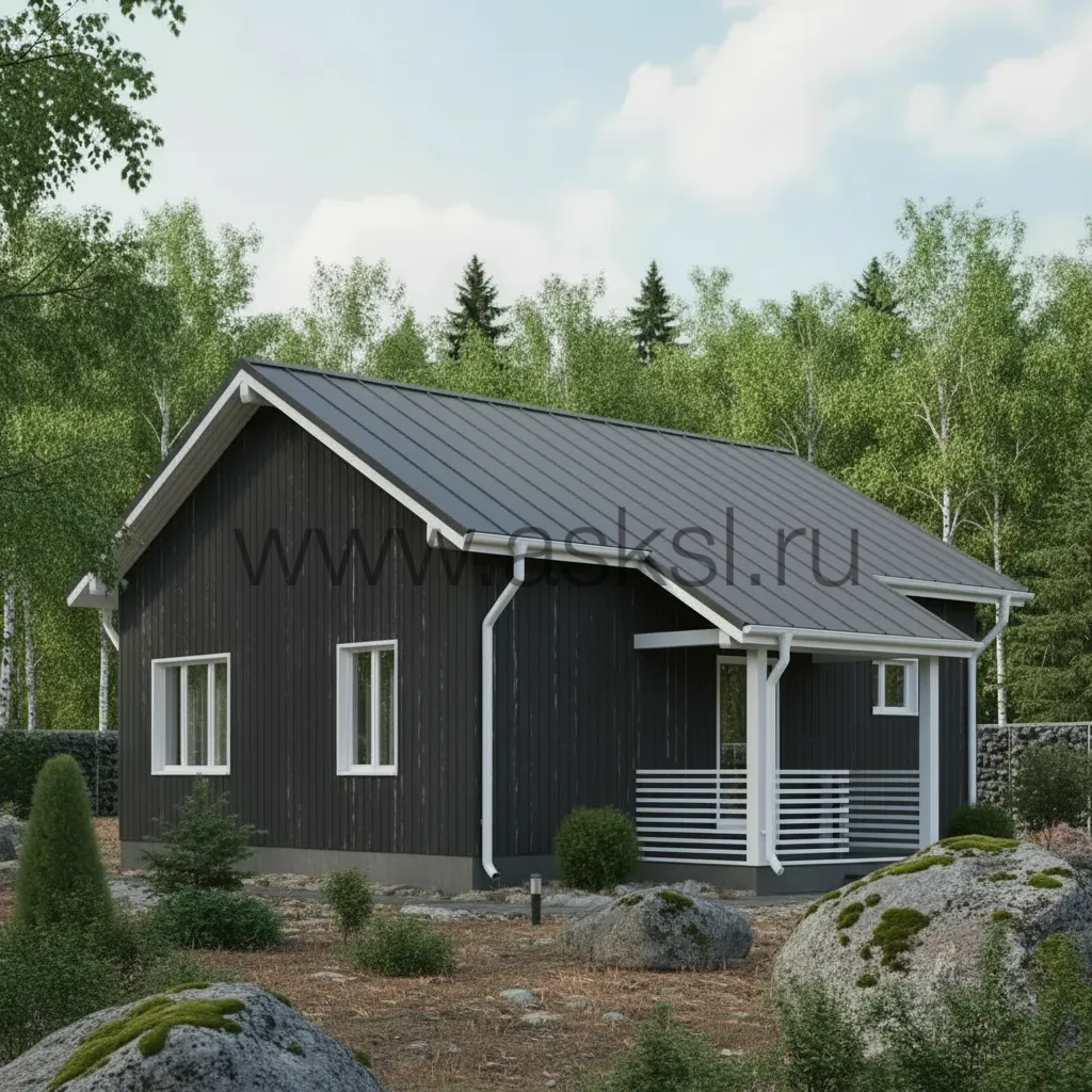 Проект каркасного дома 7х8 в скандинавском стиле с террасой и панорамными окнами