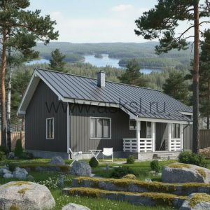 Проект одноэтажного каркасного дома размером 8,5 на 12,5 метров для постоянного проживания.