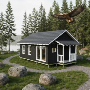 Современный загородный дом на берегу озера в окружении деревьев