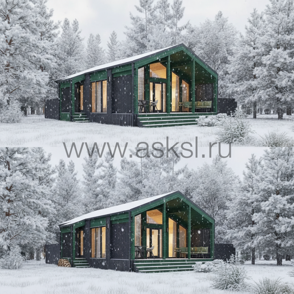 Современный одноэтажный дом в стиле барнхаус с зеленым и черным фасадом, панорамными окнами и террасой, расположенный в заснеженном хвойном лесу.