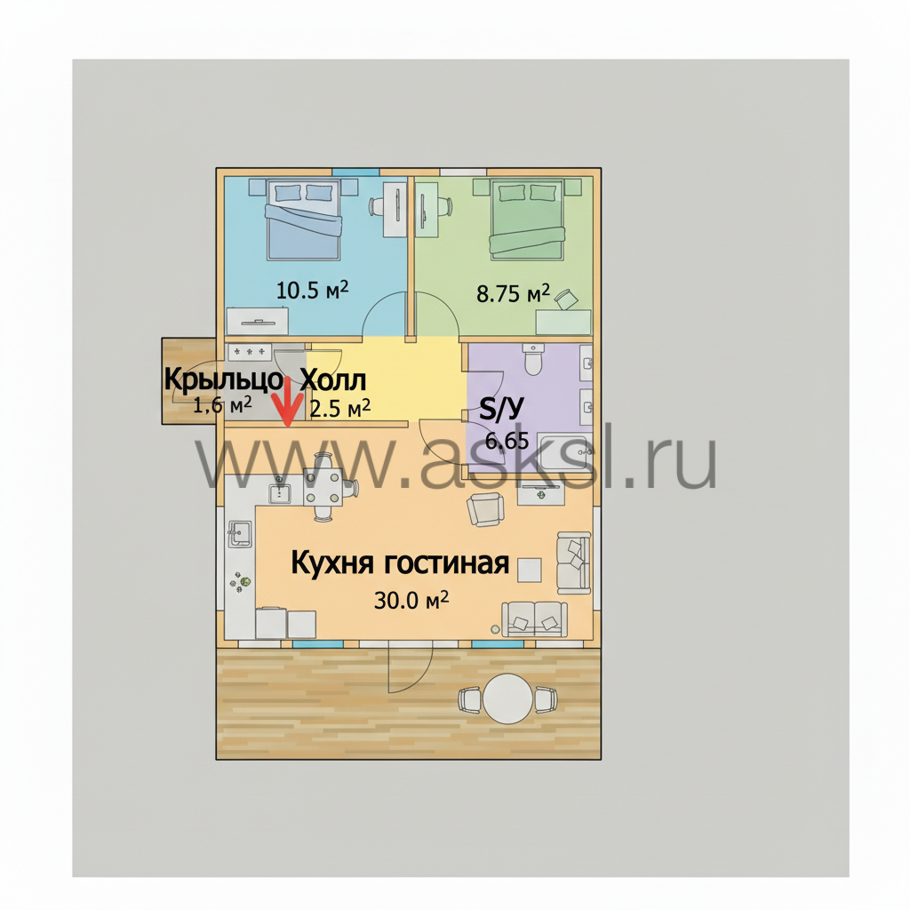План этажа одноэтажного дома в стиле барнхаус с открытой планировкой гостиной, кухни и столовой, тремя спальнями, санузлом, прихожей и выходом на крытую террасу.